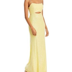Aqua Yellow Cutout Waist Sequin Column Gown